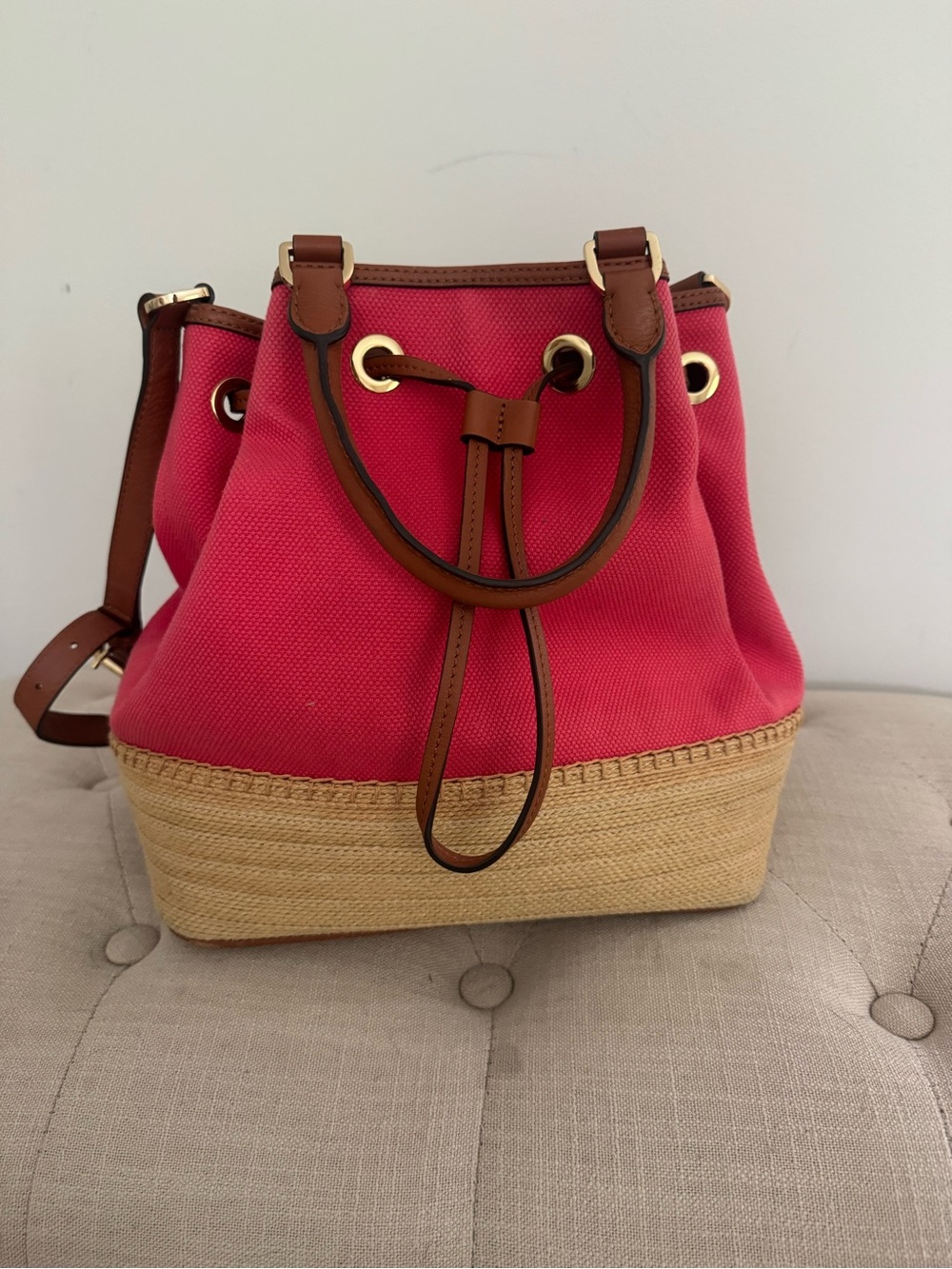 Michael Kors Bright Red Canvas Drawstring Crossbody Espadrille Bag